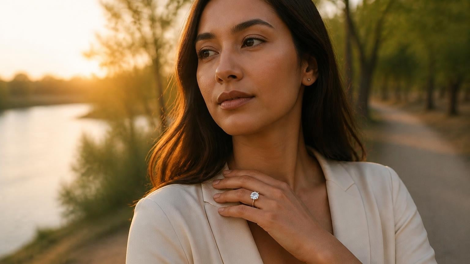 Best engagement rings in Fresno — Satéur Destinée Ring at Woodward Park golden hour