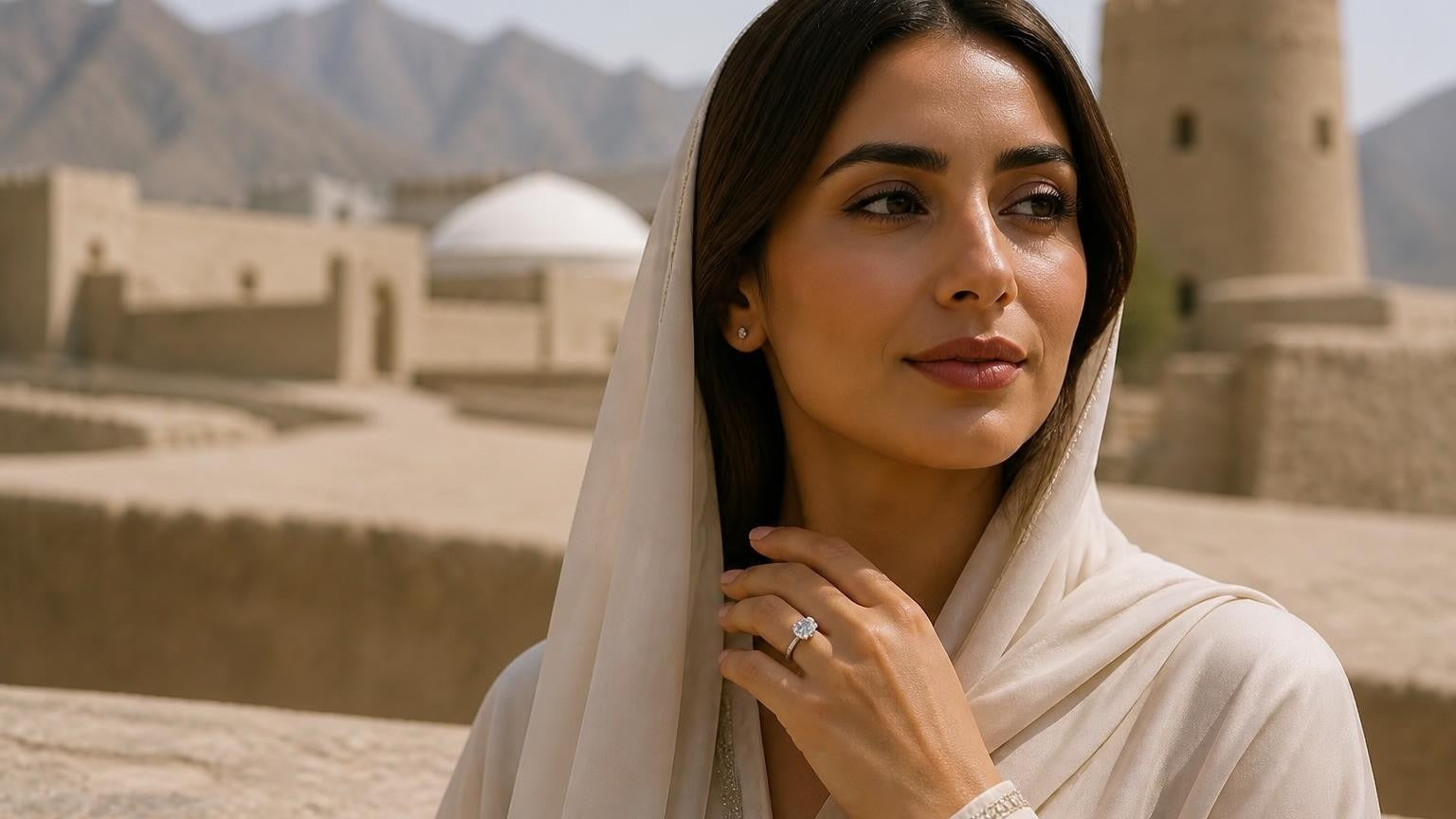 Best engagement rings in Fujairah — elegant woman with Satéur Destinée Ring, Fujairah Fort and Hajar Mountains backdrop