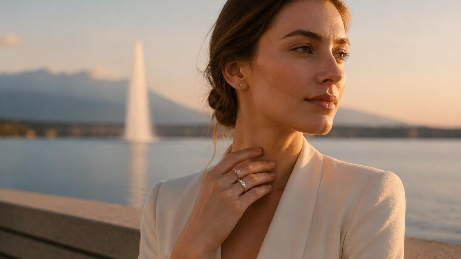 Best engagement rings in Geneva — Satéur Destinée Ring at the Jet d'Eau on Lake Geneva