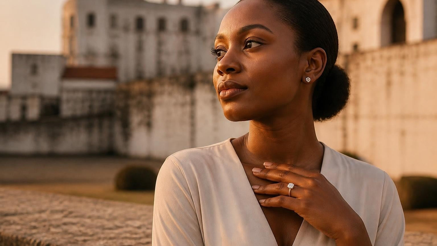 Best engagement rings in Ghana — Satéur Destinée Ring with Cape Coast Castle at golden hour