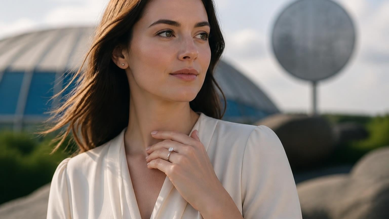 Best engagement rings in Greater Sudbury — Satéur Destinée Ring with Dynamic Earth in background