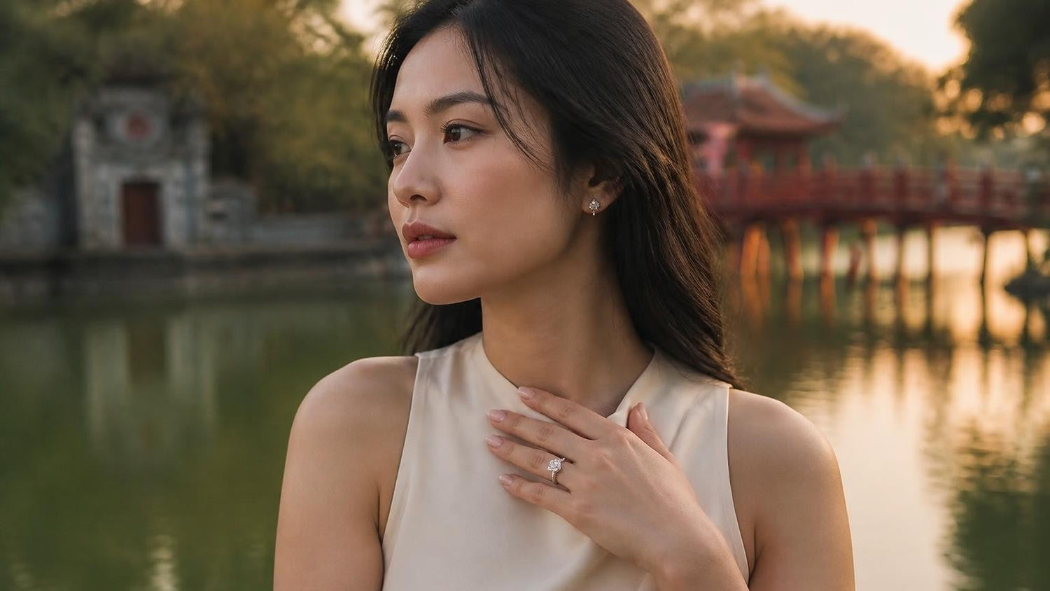 Best engagement rings in Hanoi — Satéur Destinée Ring with Hoan Kiem Lake at golden hour