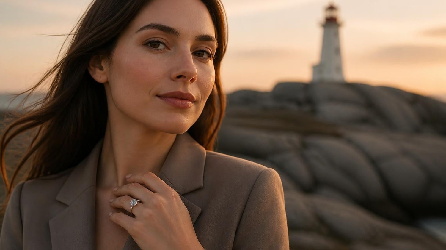 Best engagement rings in Halifax — elegant Canadian woman with Satéur Destinée Ring, Peggy's Cove lighthouse behind