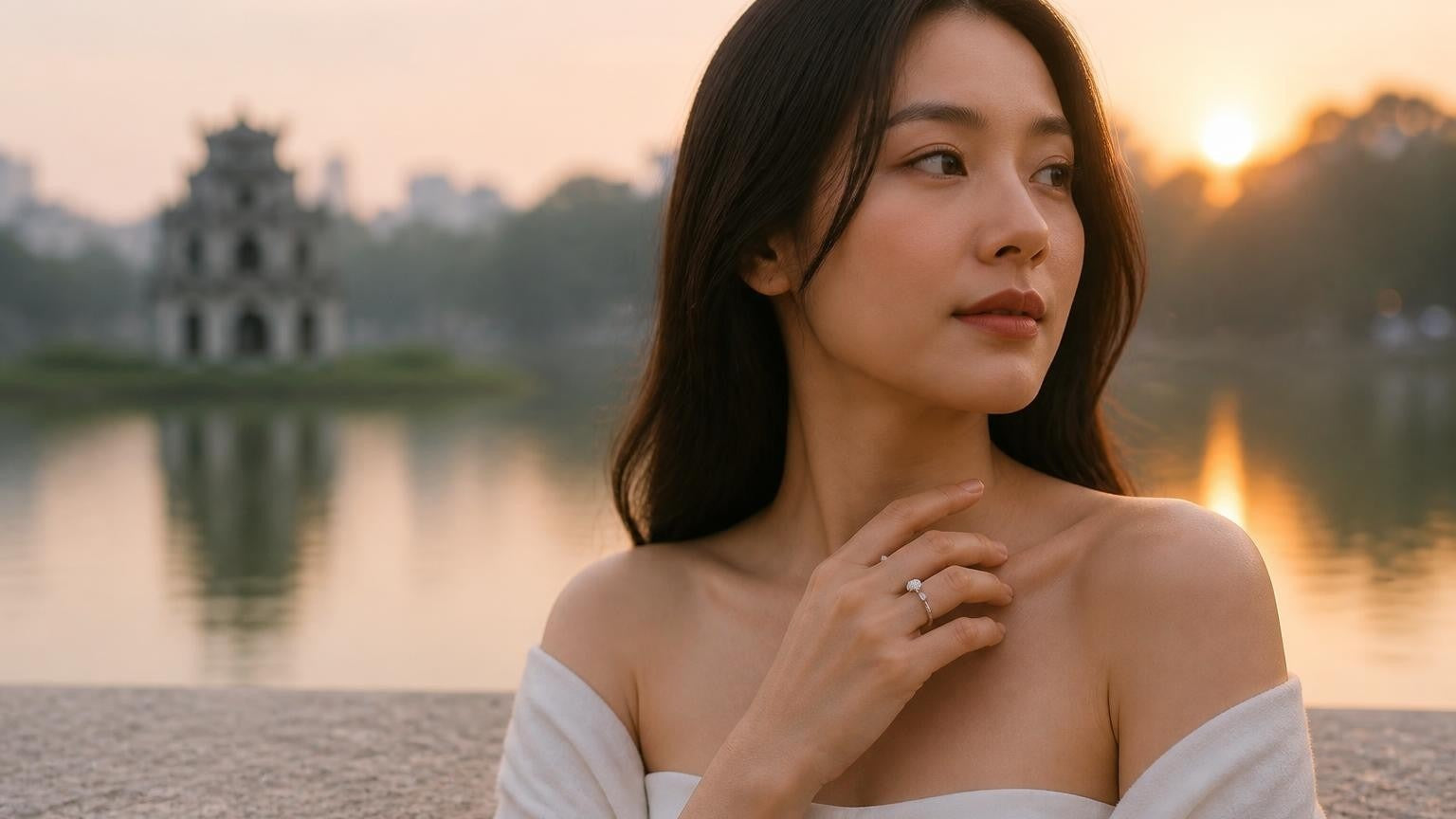 Best engagement rings in Hanoi — elegant Vietnamese woman with a solitaire ring, Hồ Hoàn Kiếm and Tháp Rùa at dawn