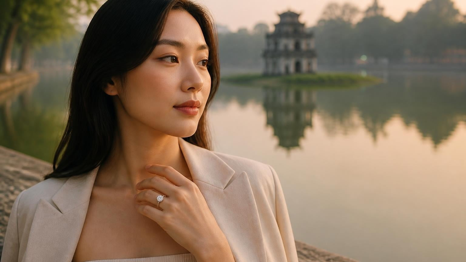 Best engagement rings in Hanoi — elegant Vietnamese woman with Satéur Destinée Ring, Hồ Hoàn Kiếm at dawn
