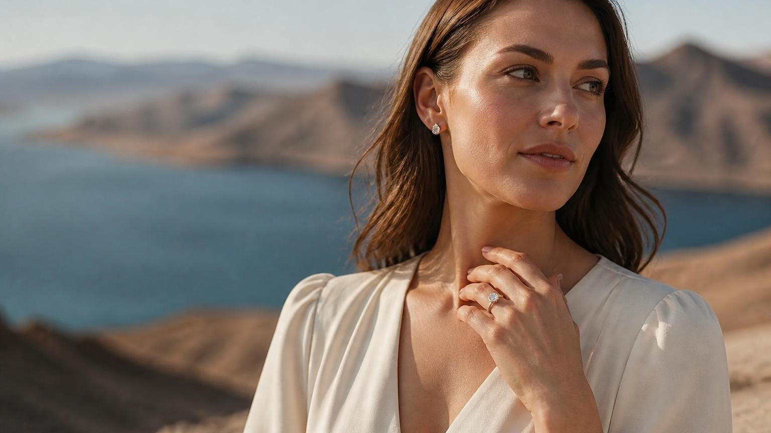 Best engagement rings in Henderson Nevada — Satéur Destinée Ring™ with Lake Mead backdrop