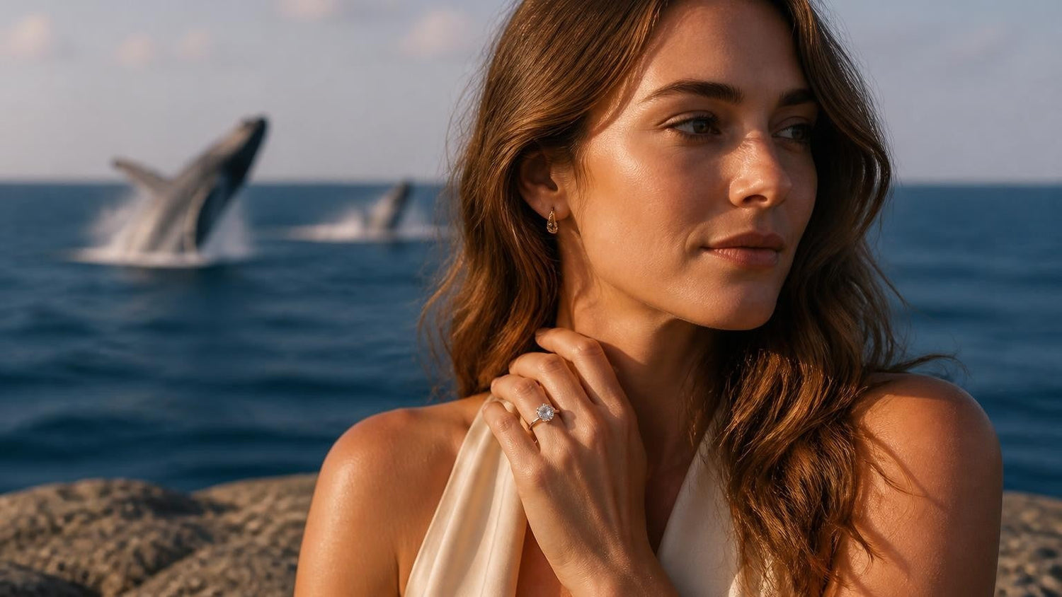 Best engagement rings in Hervey Bay — Satéur Destinée Ring™ with humpback whale breaching in background