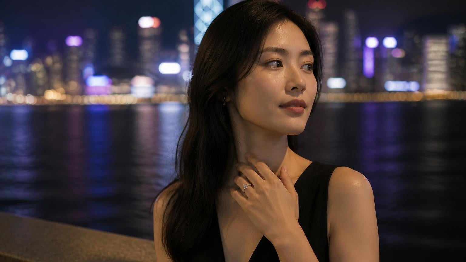 Best engagement rings in Hong Kong — elegant woman at Tsim Sha Tsui promenade with Victoria Harbour skyline, Satéur Destinée Ring