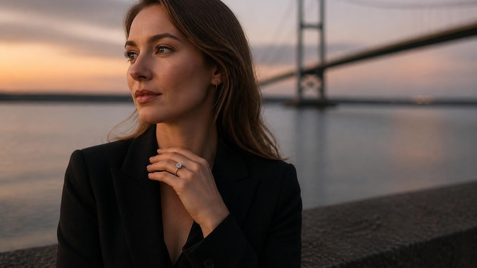 Best engagement rings in Hull — elegant woman with Satéur ring, Humber Bridge at dusk