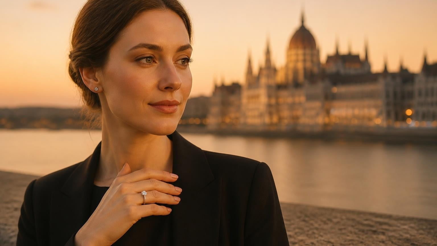 Best engagement rings in Hungary — Satéur Destinée Ring with the Hungarian Parliament Building on the Danube at dusk