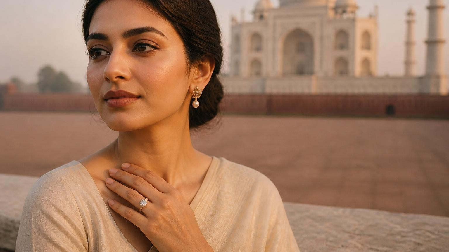 Elegant Indian woman with Satéur Destinée Ring™ and Taj Mahal at sunrise — best engagement rings in India