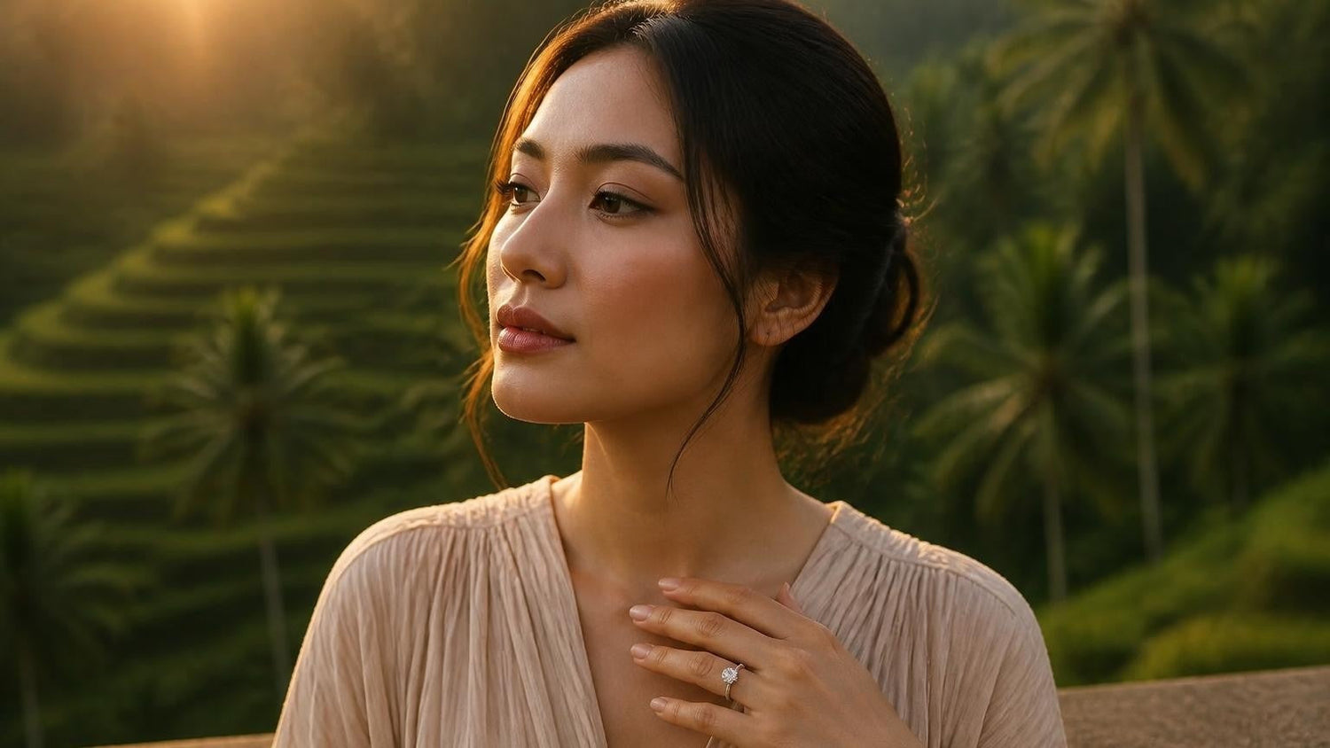Best engagement rings in Indonesia — elegant woman with solitaire ring, Bali Tegalalang rice terraces at golden hour