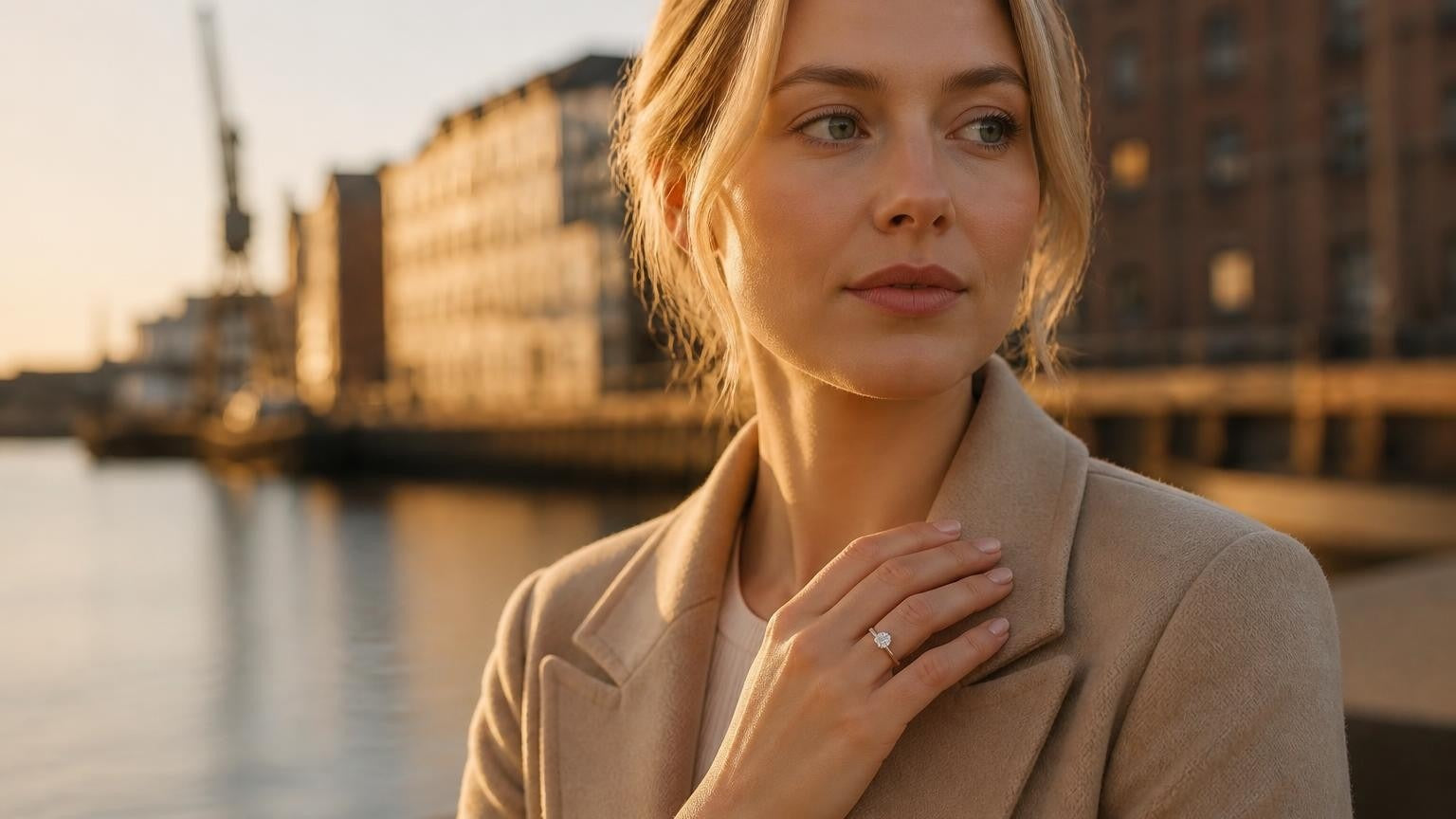 Best engagement rings in Ipswich — elegant woman at the Ipswich Waterfront Neptune Quay with the Satéur Destinée Ring™
