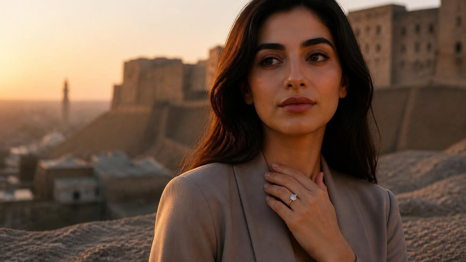 Best engagement rings in Iraq — elegant woman with Satéur Destinée Ring, Erbil Citadel at golden hour