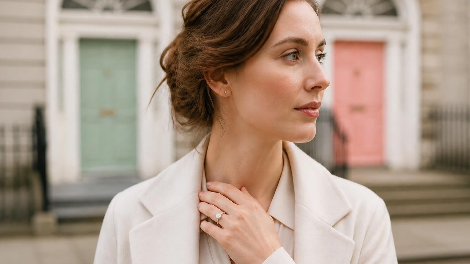 Best engagement rings in Ireland — Satéur Destinée Ring on woman hand with Dublin Georgian door