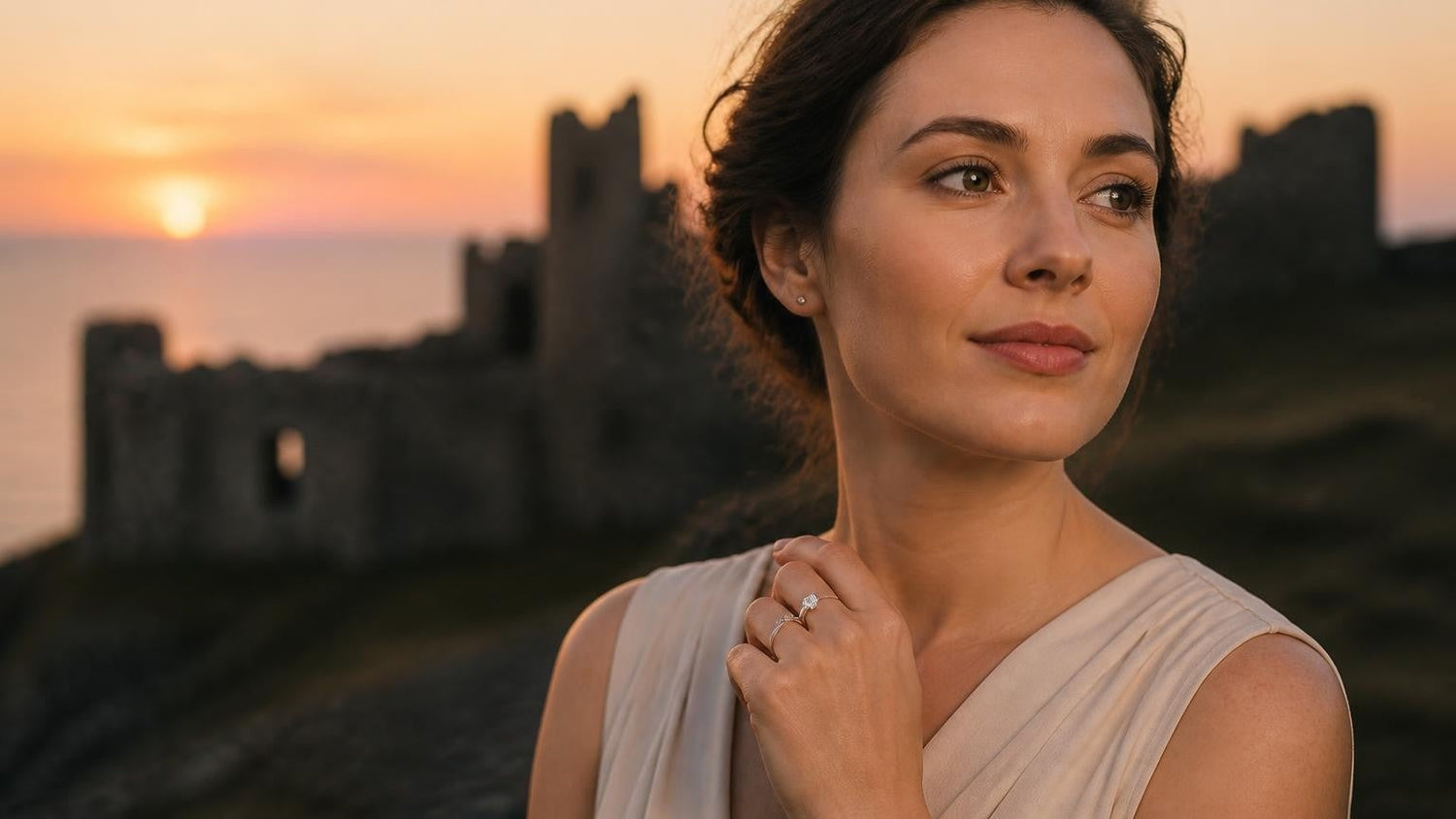 Best engagement rings in Isle of Man — Satéur Destinée Ring at Peel Castle sunset