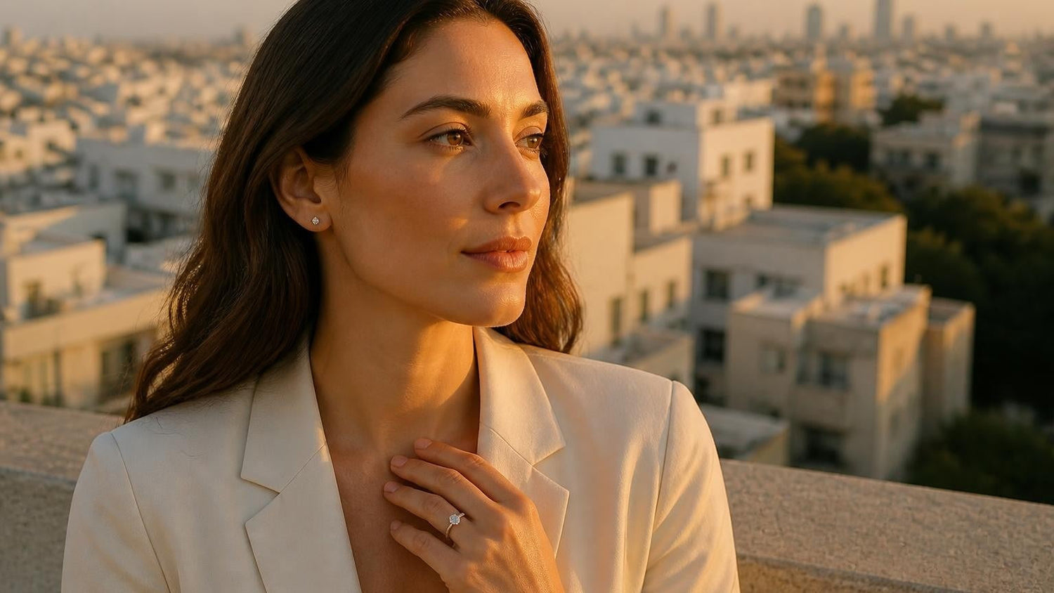 Best engagement rings in Israel — elegant woman with Satéur Destinée Ring, Tel Aviv Bauhaus cityscape at golden hour