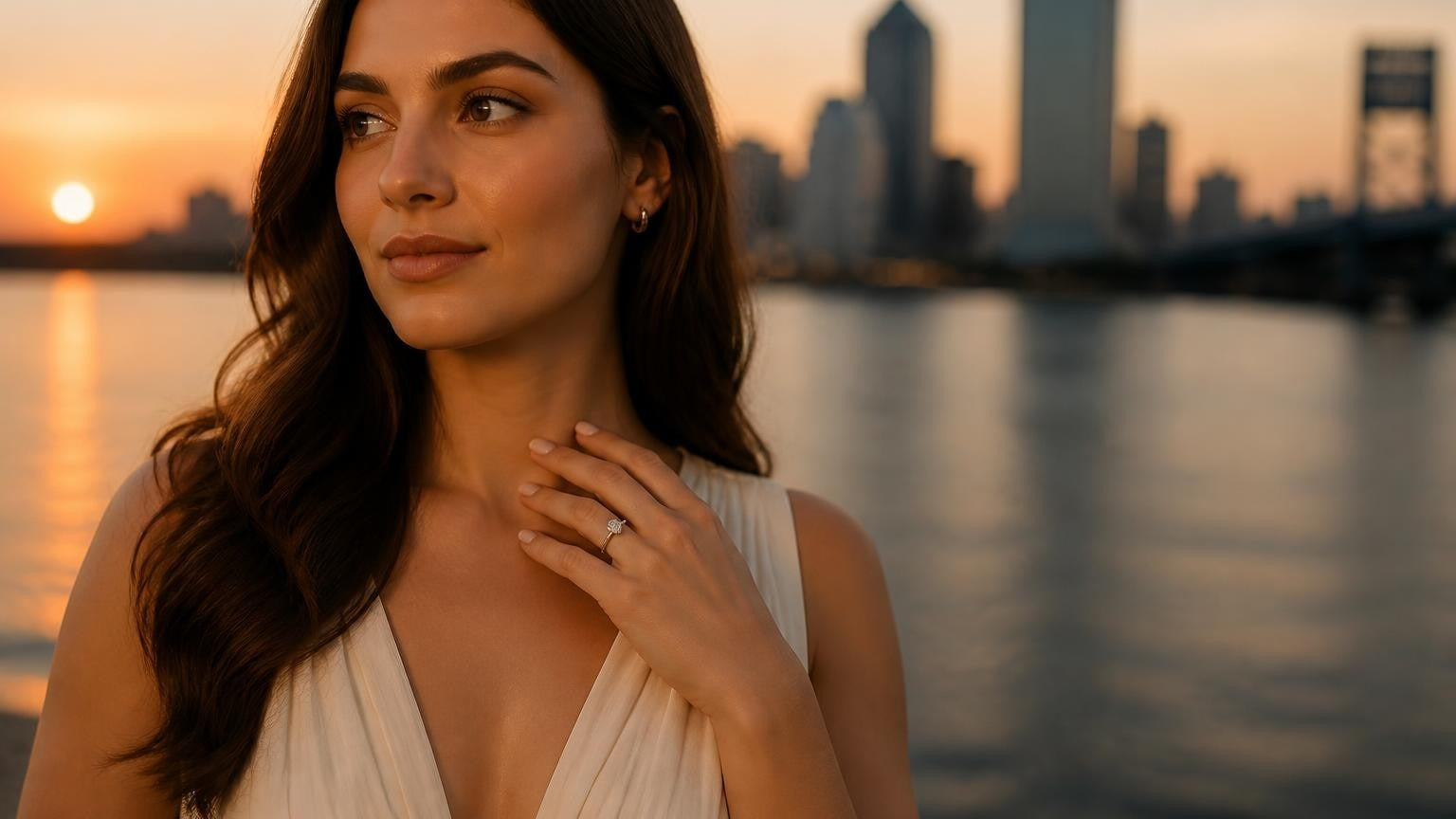 Best engagement rings in Jacksonville — Satéur Destinée Ring™ with Jacksonville skyline at sunset