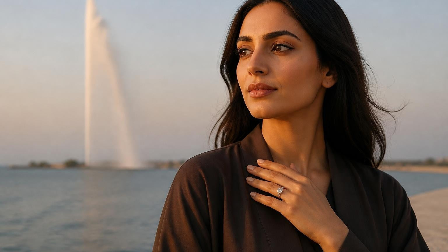 Best engagement rings in Jeddah — Satéur Destinée Ring with King Fahd Fountain at dusk
