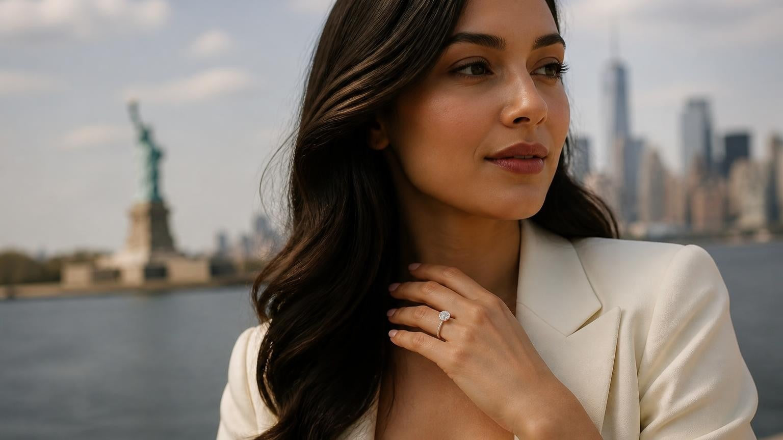 Best engagement rings in Jersey City — Satéur Destinée Ring with Statue of Liberty backdrop