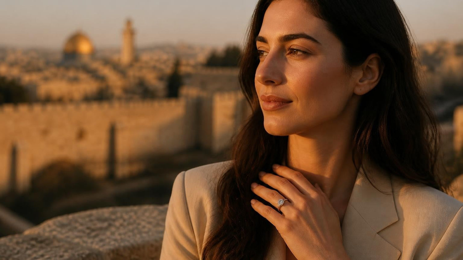 Best engagement rings in Jerusalem — Satéur Destinée Ring™ with Old City walls at golden hour