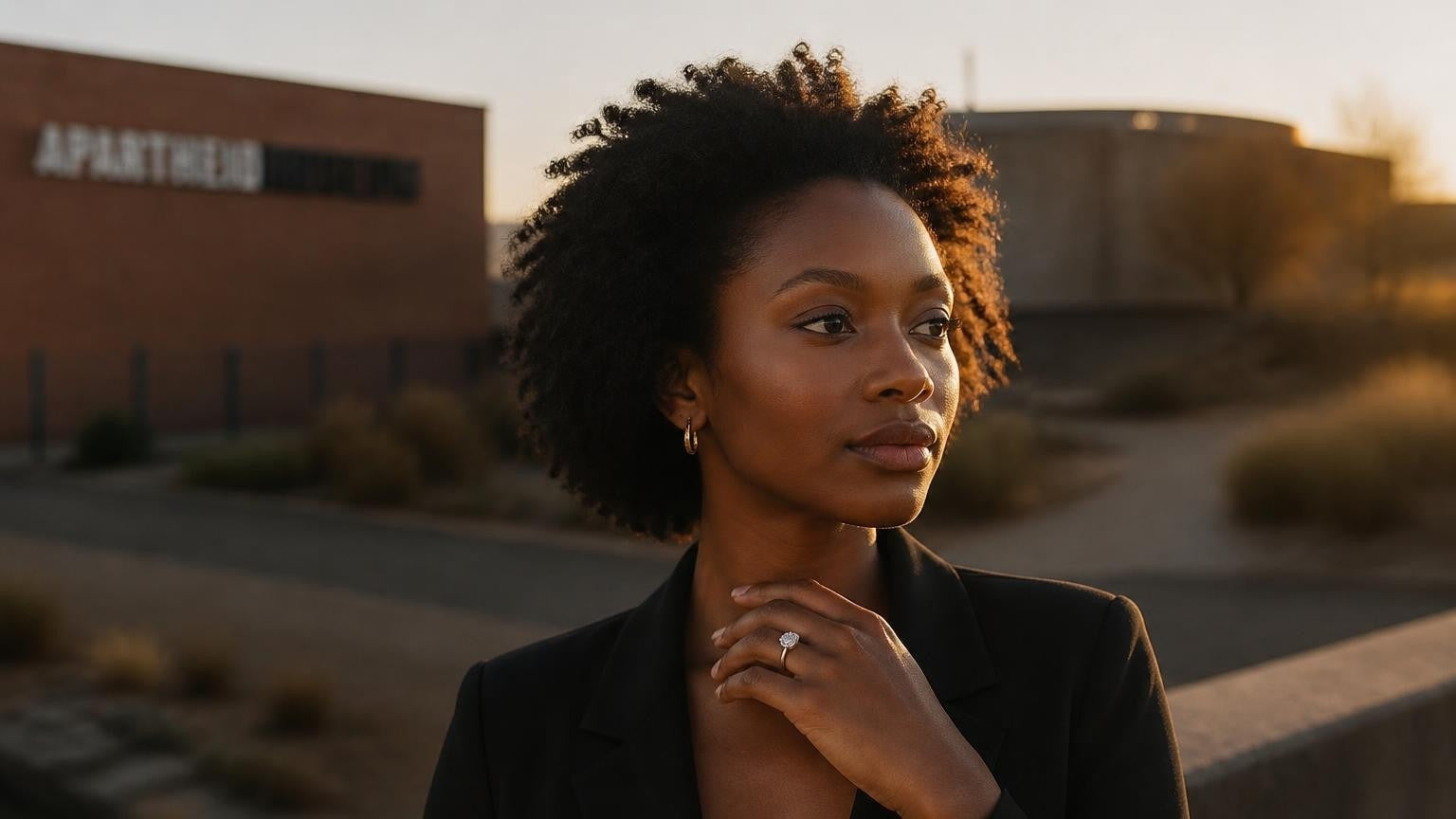 Best engagement ring in Johannesburg — Satéur Destinée Ring™ with the Apartheid Museum at golden hour