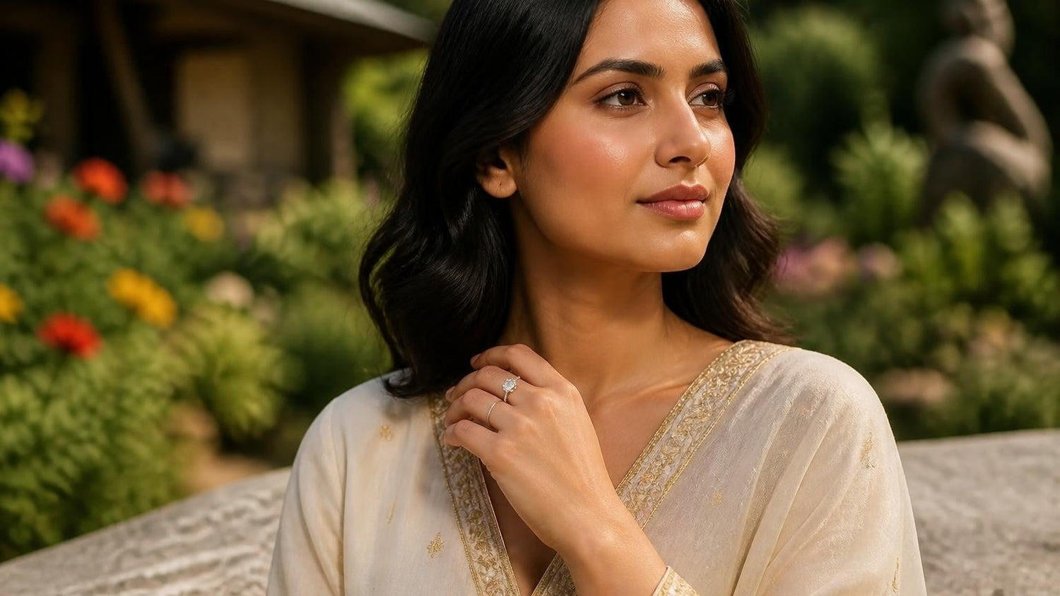 Best engagement rings in Kanpur — Satéur Destinée Ring with North Indian woman at Allen Forest Zoo gardens