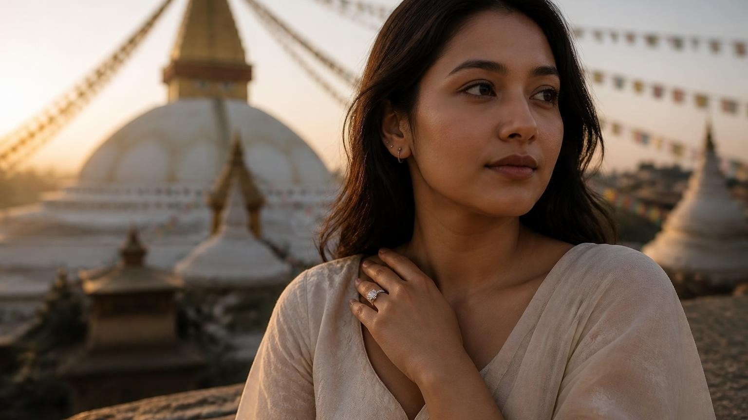 Best engagement rings in Kathmandu — Satéur Destinée Ring with Boudhanath Stupa at sunrise