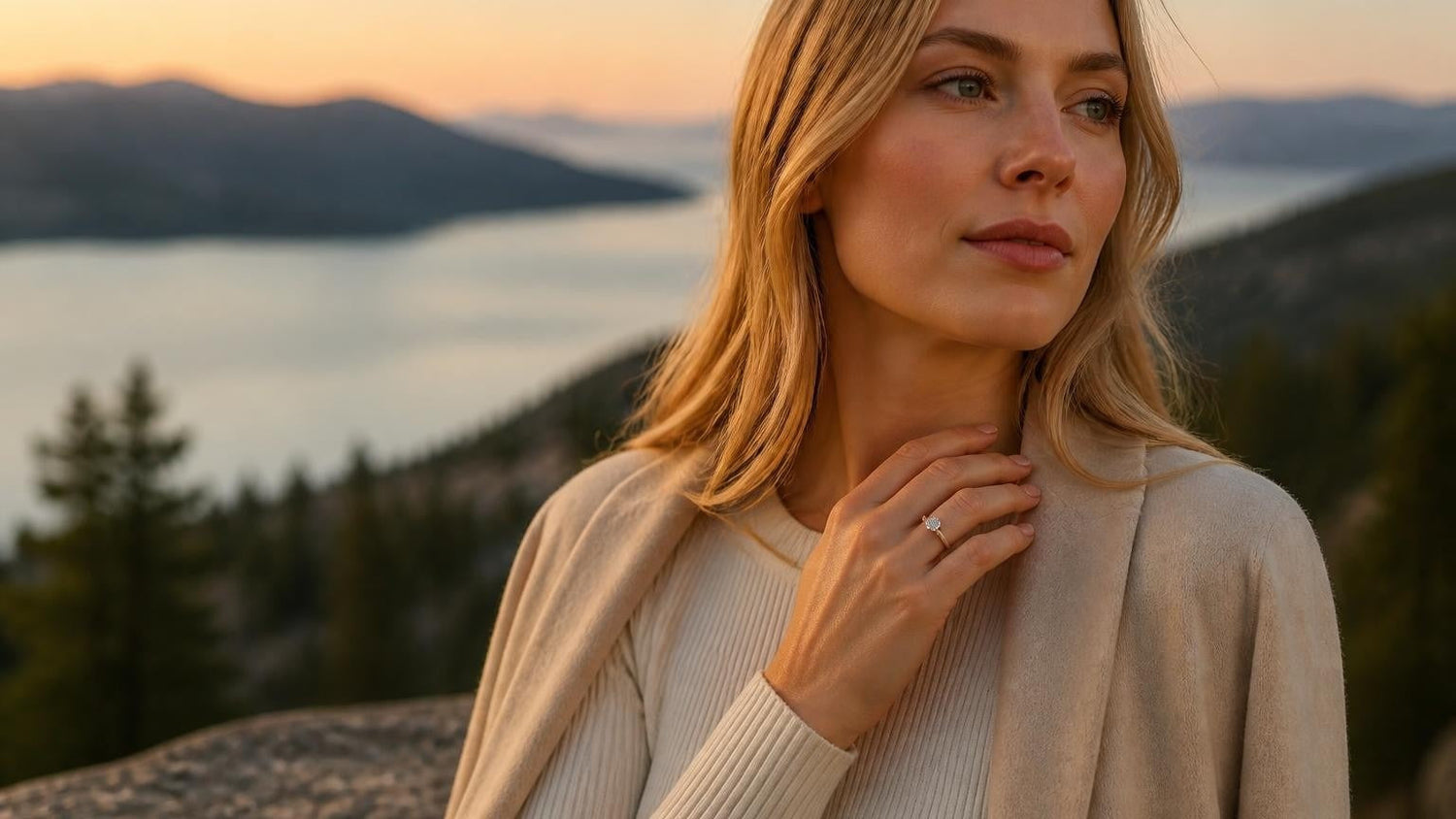Best engagement rings in Kelowna — Satéur Destinée Ring with Okanagan Lake at Knox Mountain