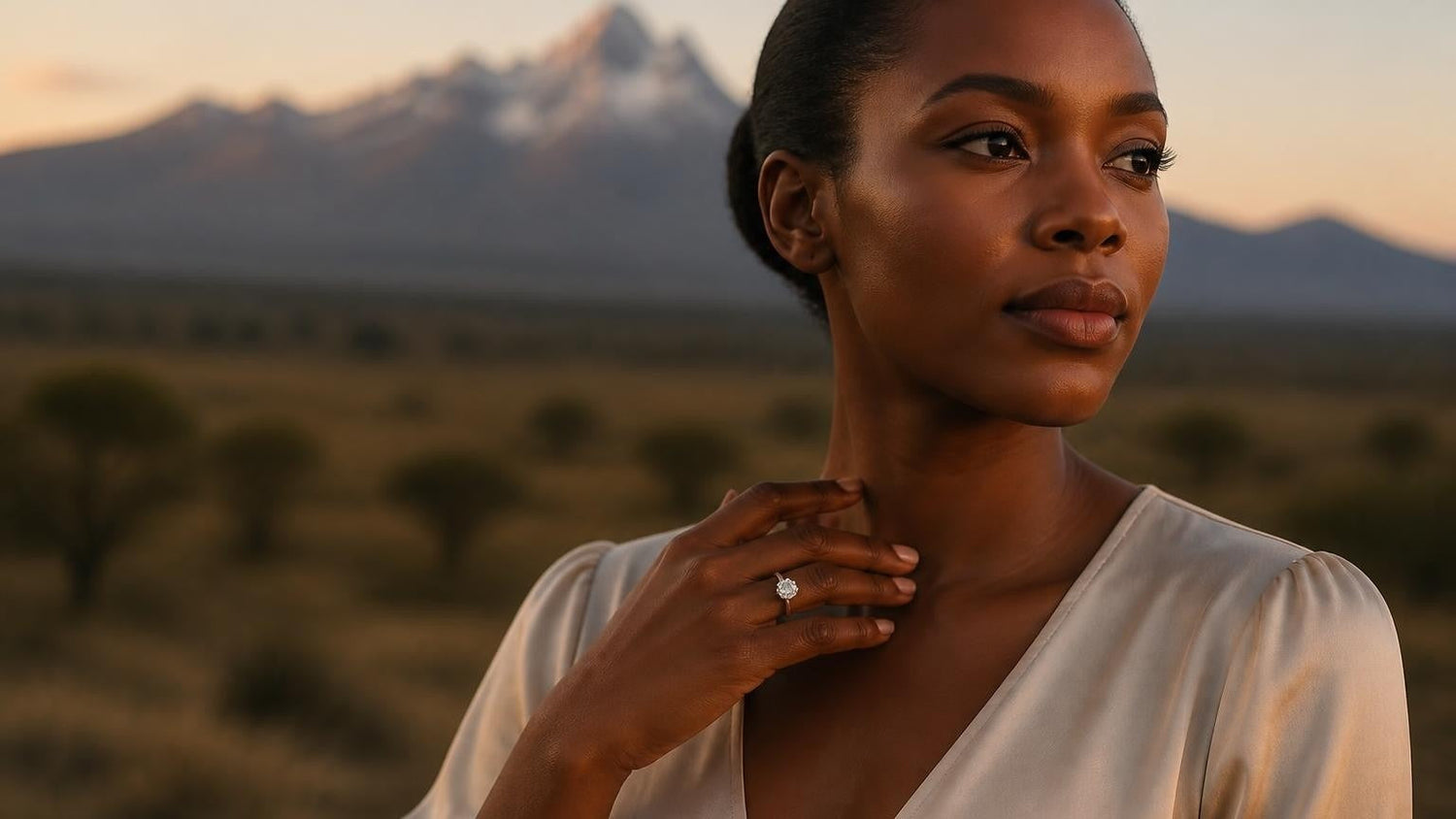 Best engagement rings in Kenya — elegant Kenyan woman wearing a Satéur Destinée ring against Mount Kenya at dawn