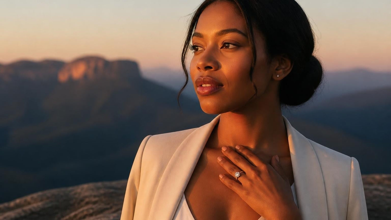 Best engagement rings in Kingston Jamaica — Satéur Destinée Ring with Blue Mountains backdrop