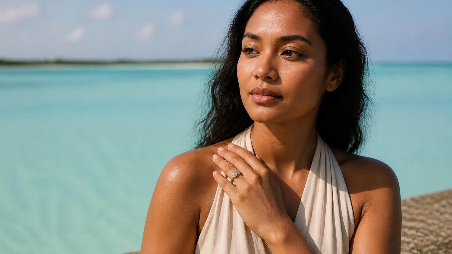 Best engagement rings in Kiribati — I-Kiribati woman wearing the Satéur Destinée Ring at the South Tarawa lagoon