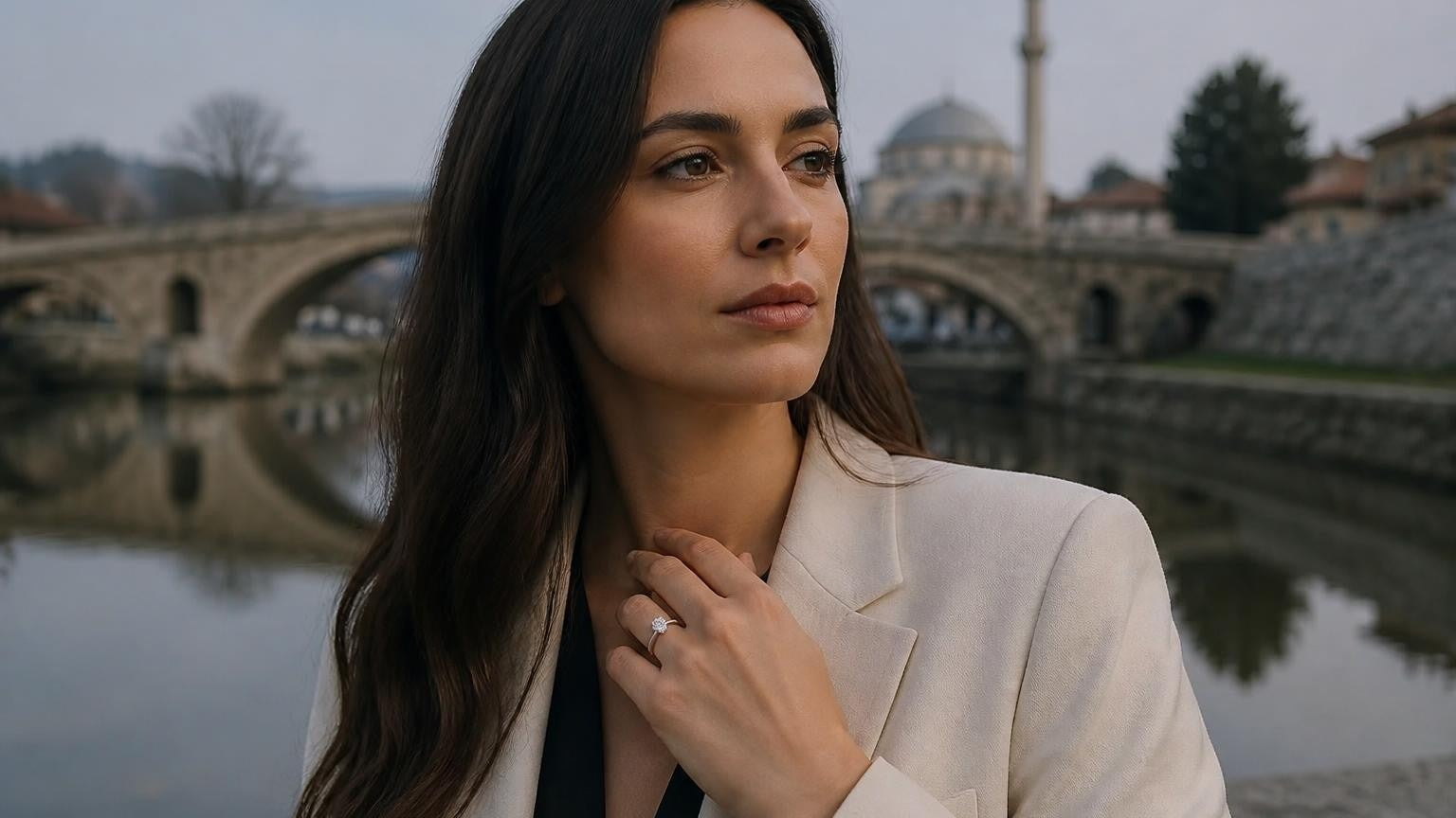 Best engagement rings in Kosovo — Satéur Destinée Ring with the historic Prizren bridge