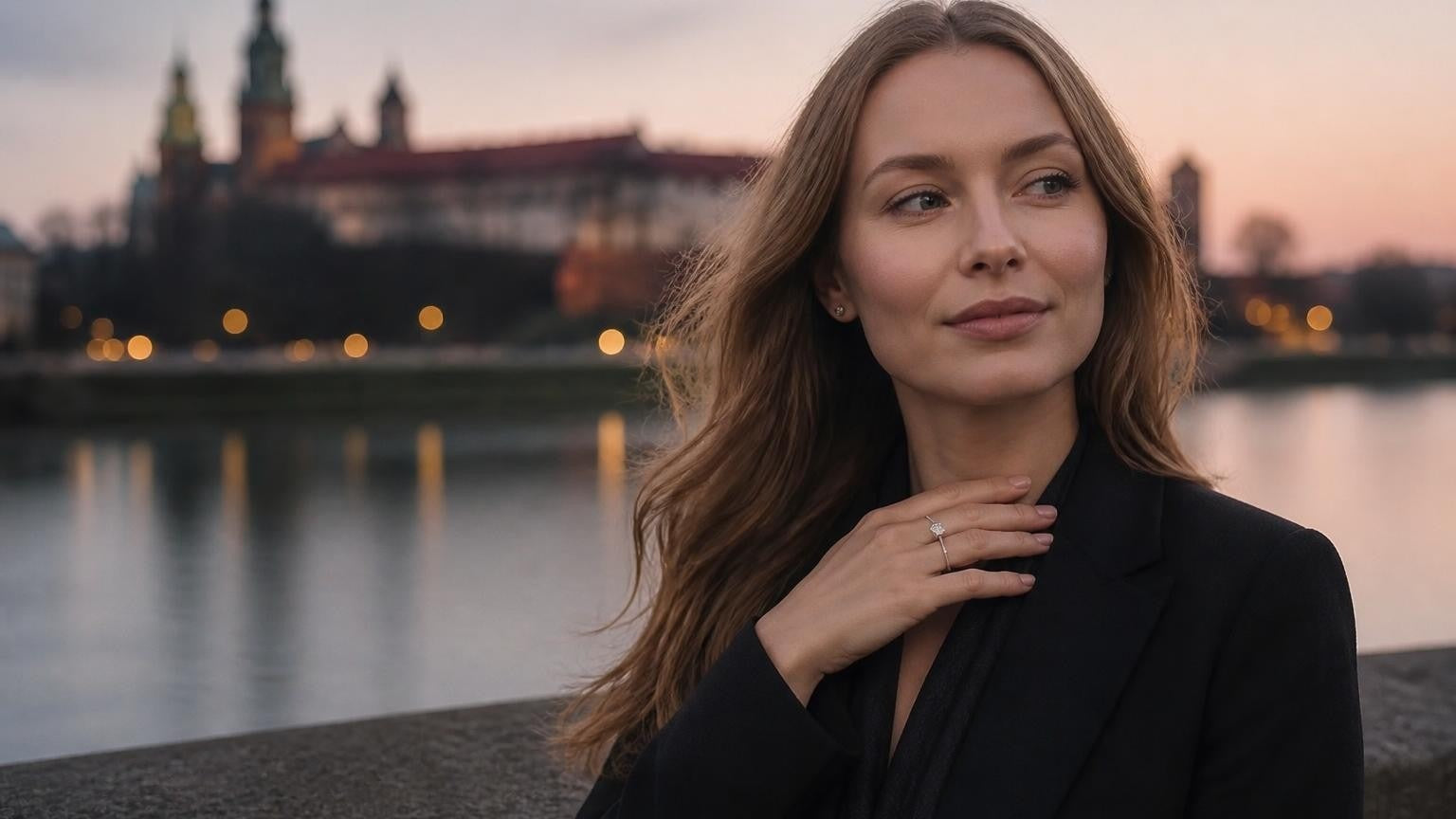 Best engagement rings in Kraków — elegant Polish woman with Wawel Castle at dusk, solitaire ring