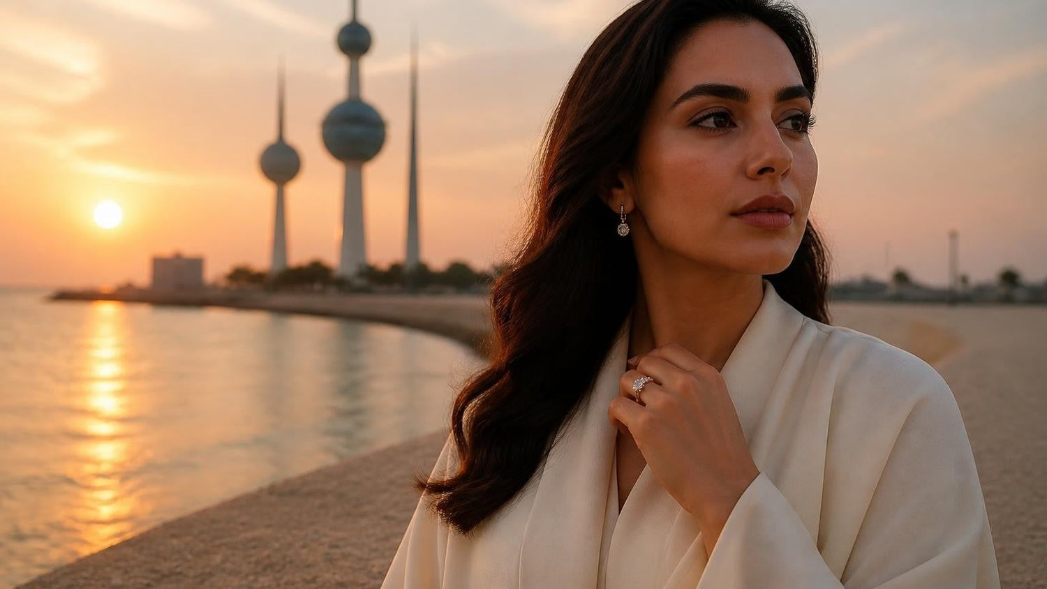 Best engagement rings in Kuwait — elegant woman with Satéur Destinée Ring at Kuwait Towers at sunset