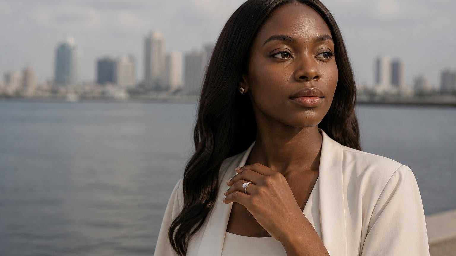 Best engagement rings in Lagos — Nigerian woman with brilliant solitaire ring, Lagos Island skyline at dusk
