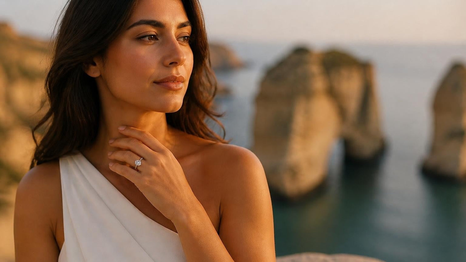 Best engagement rings in Lebanon — elegant woman with Satéur Destinée Ring at Pigeon Rocks, Beirut