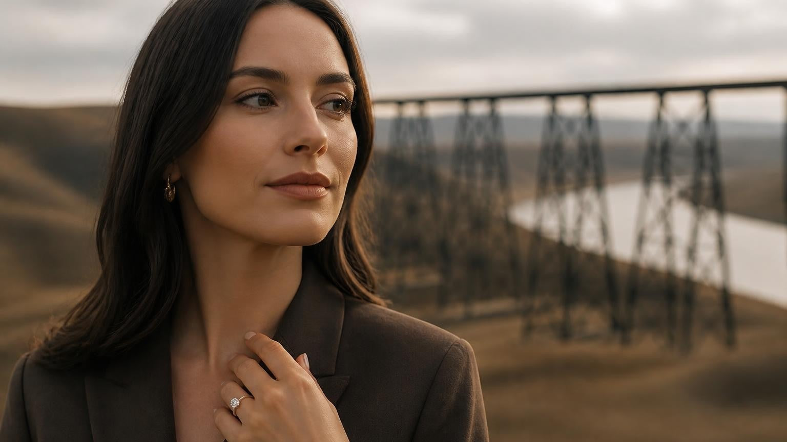 Best engagement rings in Lethbridge — elegant woman with solitaire ring, High Level Bridge viaduct in background