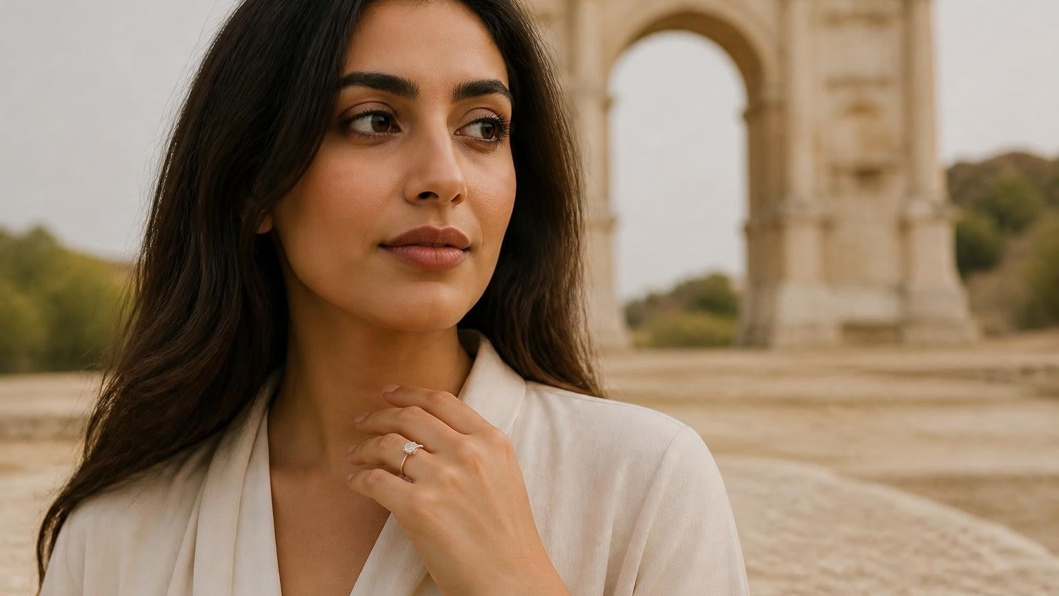 Elegant Libyan woman with engagement ring, Arch of Marcus Aurelius softly blurred behind her in Tripoli