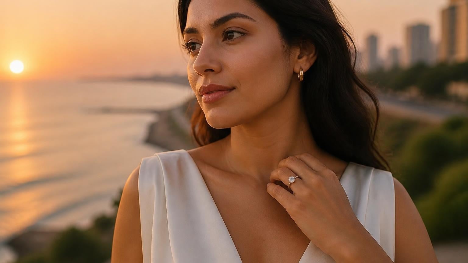 Best engagement rings in Lima — elegant Peruvian woman with Satéur Destinée Ring at Miraflores Pacific sunset