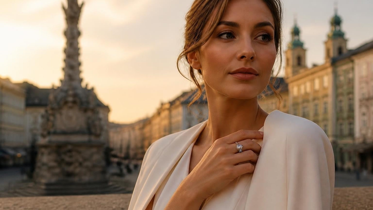 Best engagement rings in Linz — Satéur Destinée Ring with Hauptplatz in the background