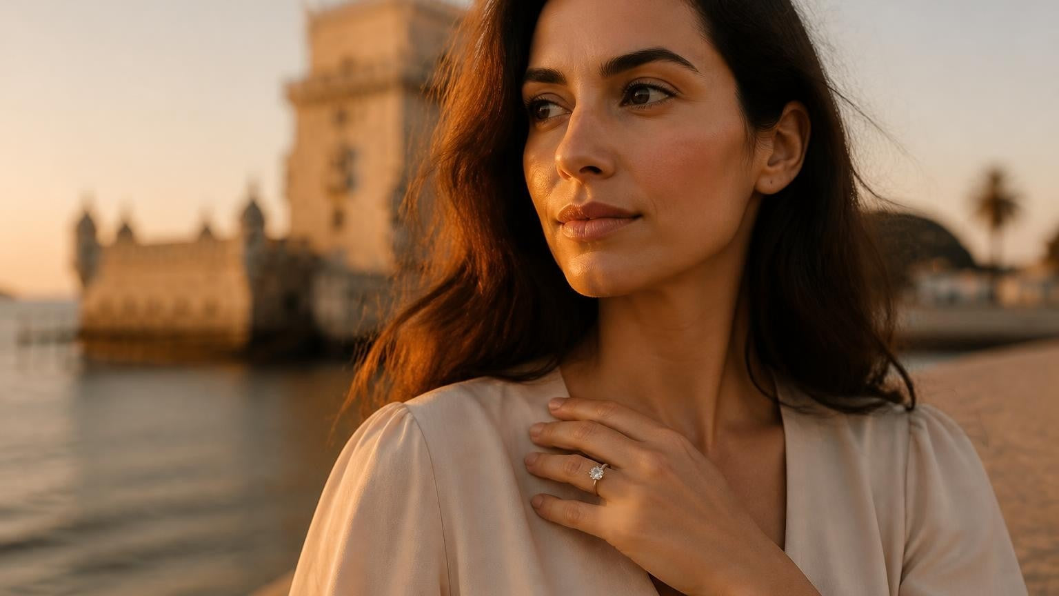 Best engagement rings in Lisbon — elegant Portuguese woman with Satéur Destinée Ring™, Belém Tower at golden hour