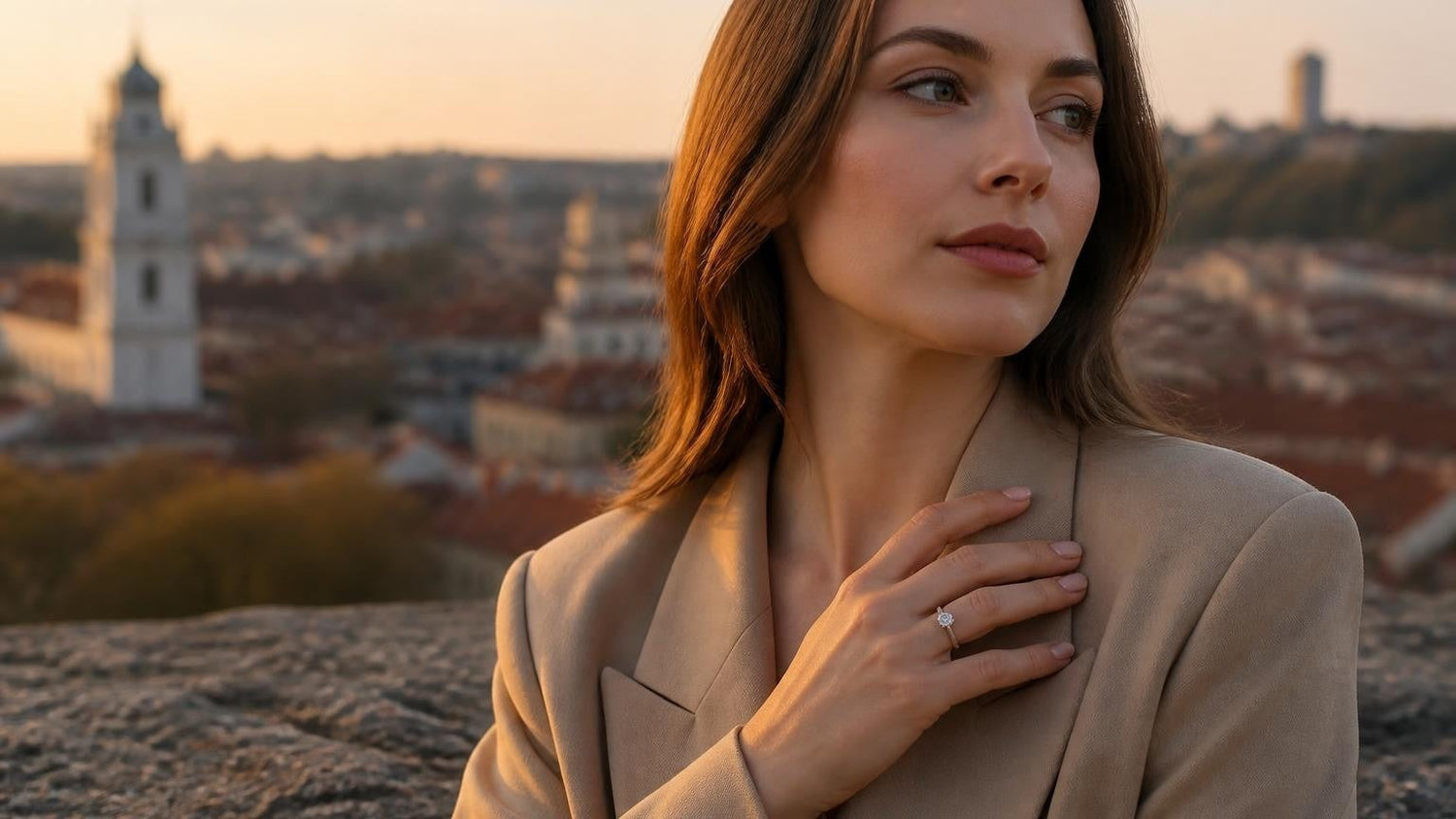 Best engagement rings in Lithuania — Lithuanian woman at Vilnius Old Town with Satéur Destinée ring