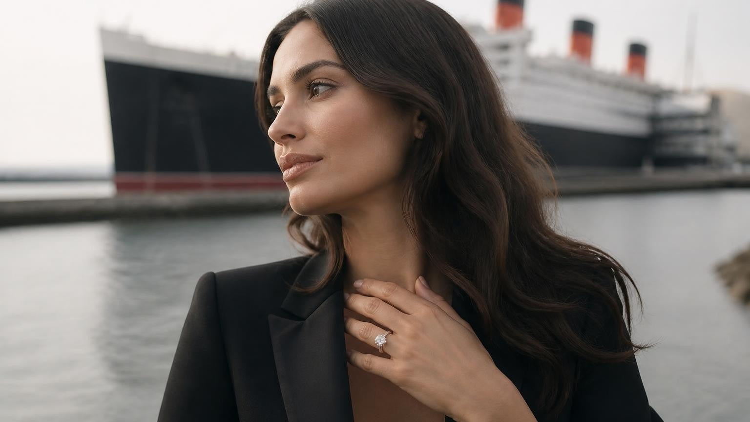 Best engagement rings in Long Beach — Satéur Destinée Ring™ with the RMS Queen Mary at Long Beach Harbor