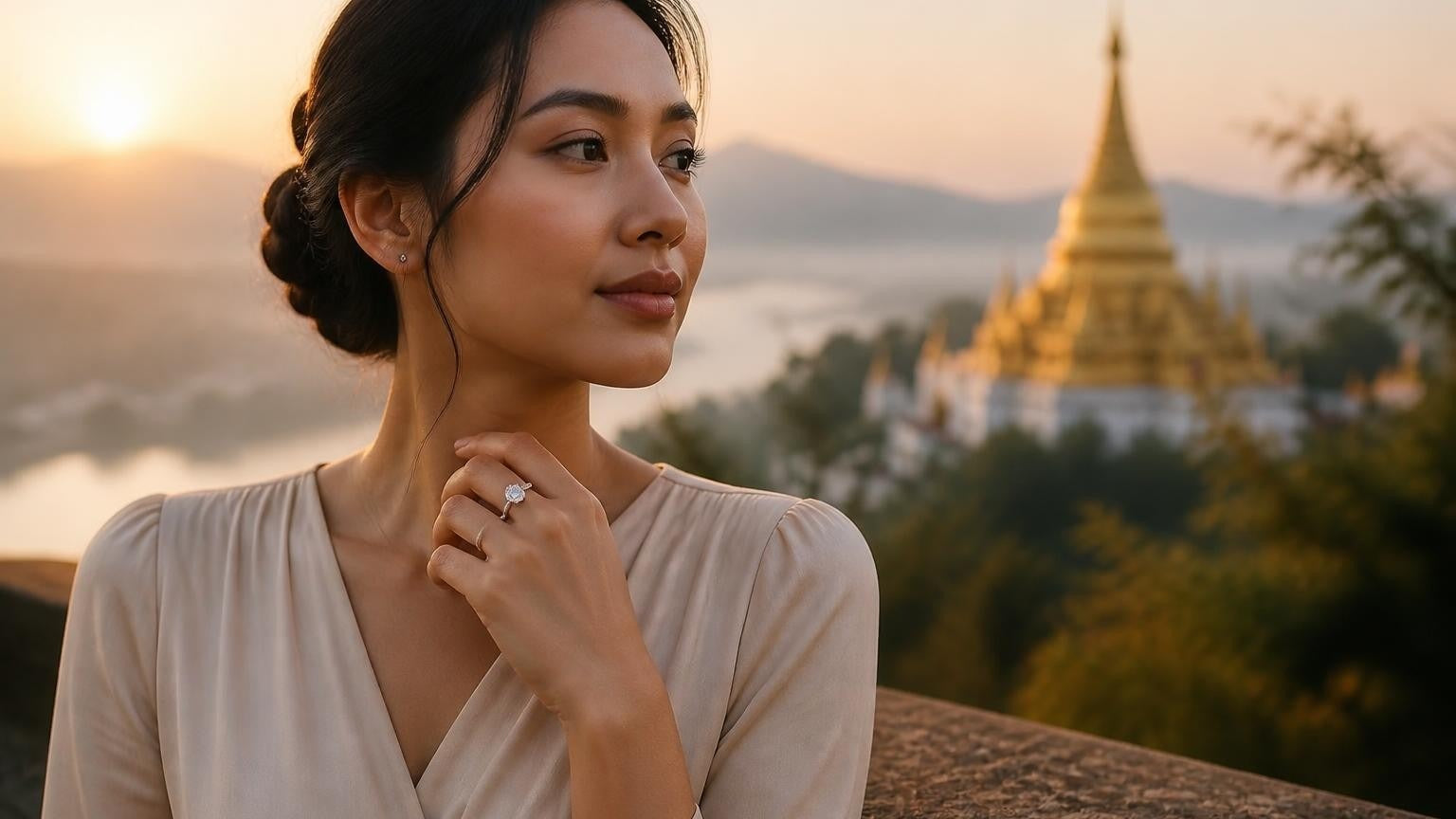 Best engagement rings in Luang Prabang — Satéur Destinée Ring with Mount Phousi stupa at sunrise