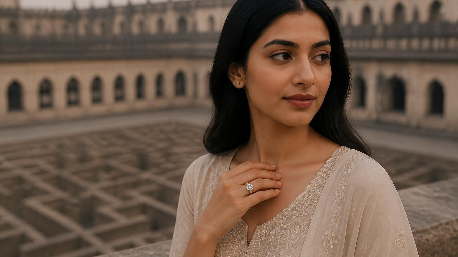 Best engagement rings in Lucknow — Satéur Destinée Ring with the Bara Imambara bhool-bhulaiya