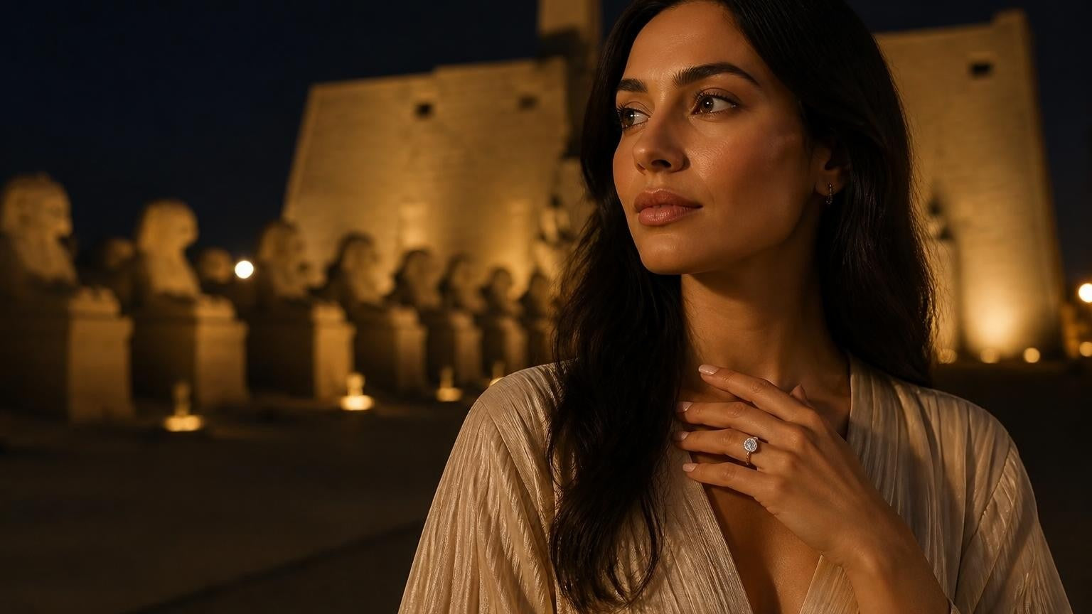 Best engagement rings in Luxor — elegant woman at the Avenue of Sphinxes wearing the Sateur Destinee Ring