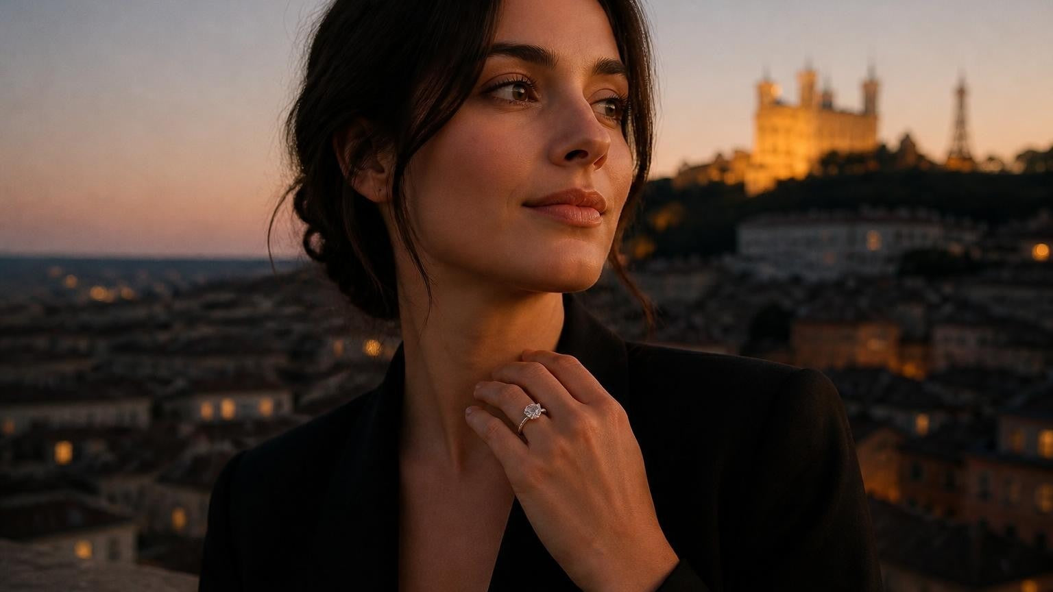 Best engagement rings in Lyon — Satéur Destinée Ring™ with elegant French woman, Fourvière Basilica at dusk