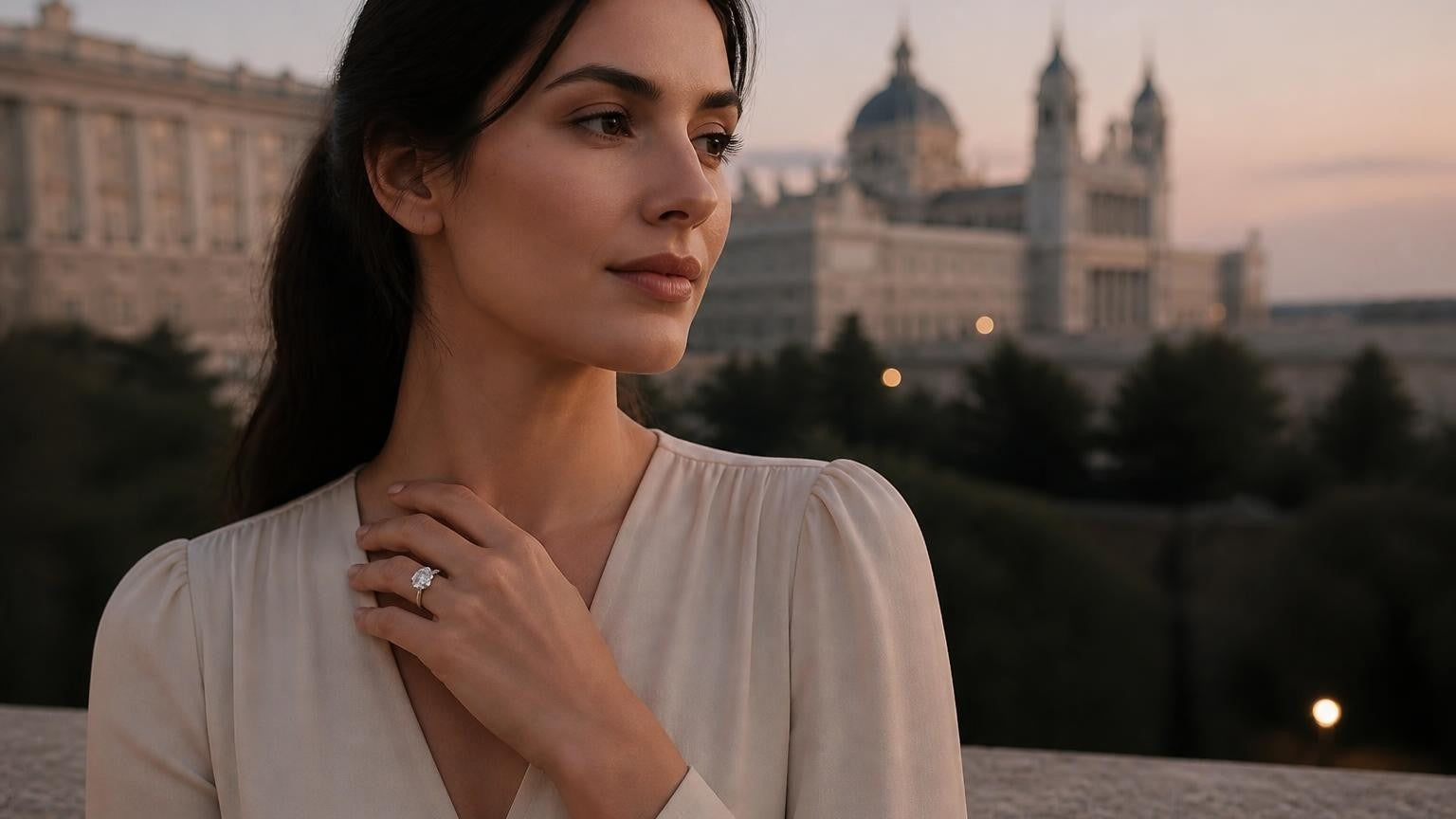 Best engagement rings in Madrid — elegant woman with Satéur Destinée Ring, Royal Palace of Madrid at dusk