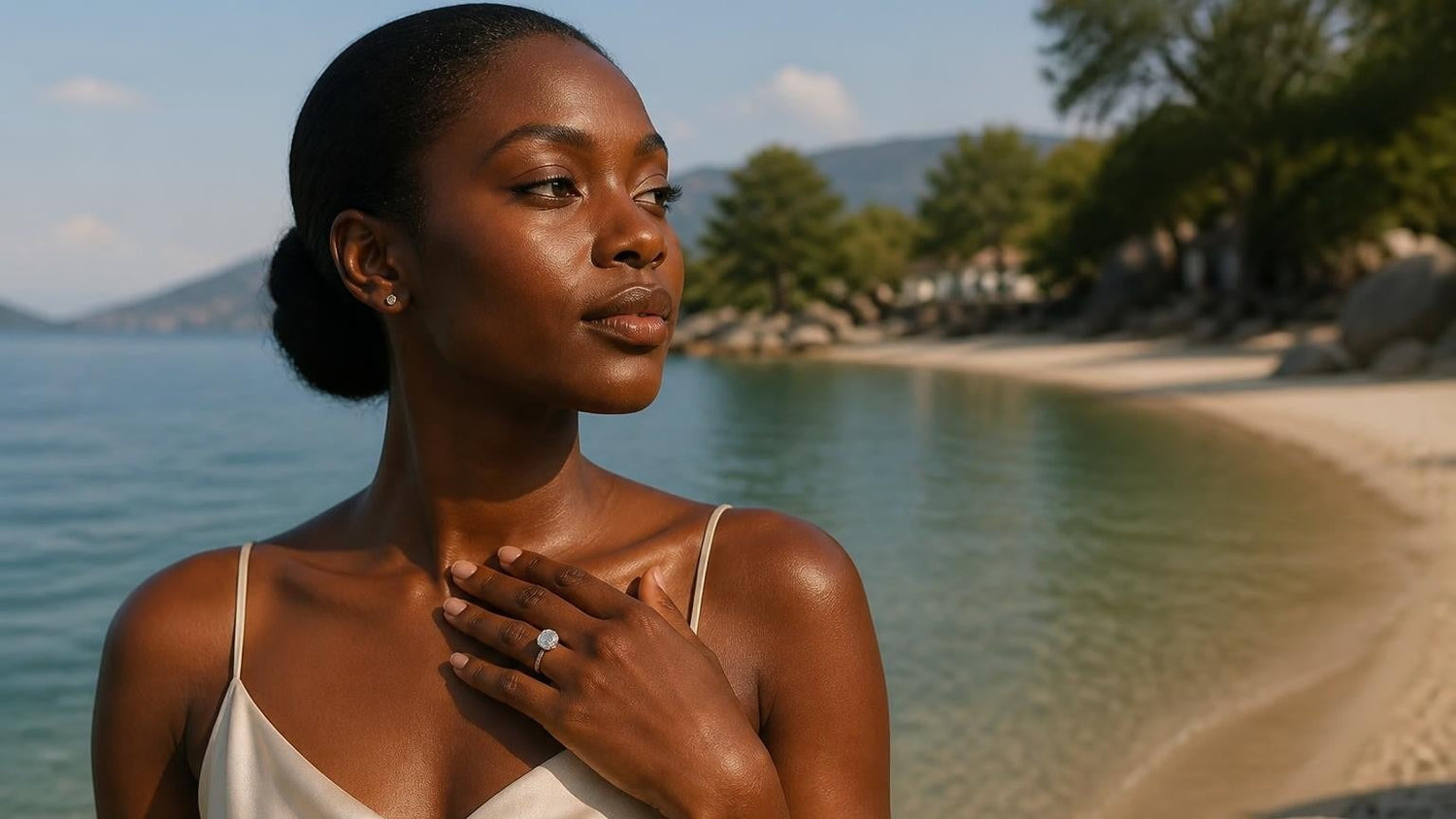 Best engagement rings in Malawi — elegant woman with Satéur Destinée Ring, Lake Malawi backdrop